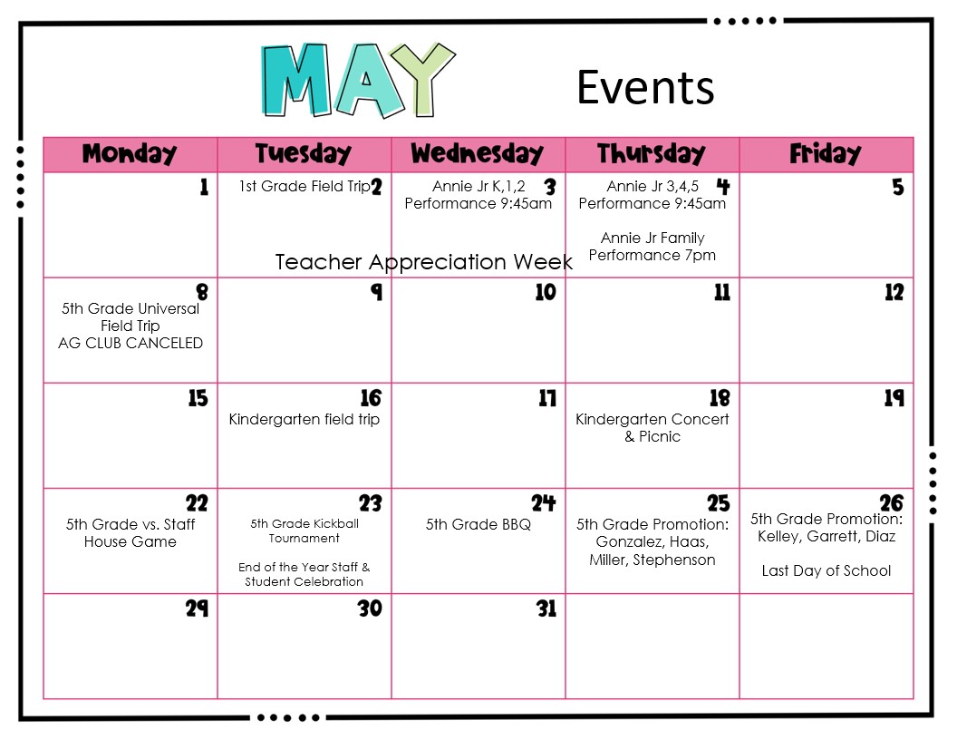 Calendar Sanders Memorial Elementary School